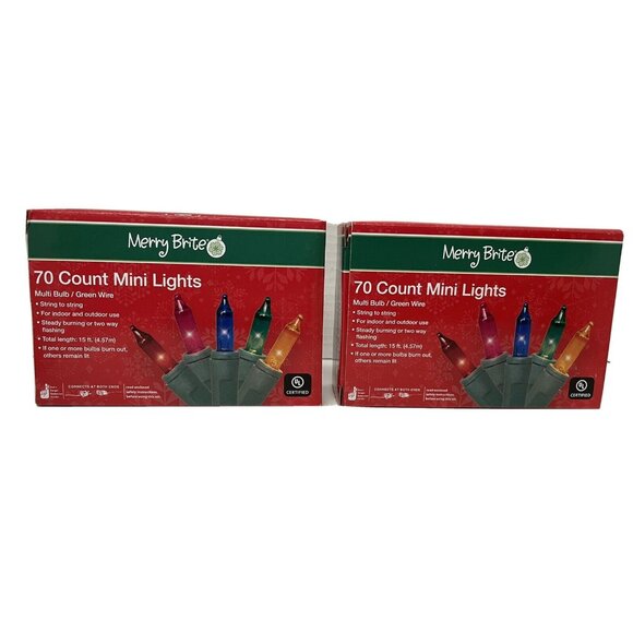 Merry Brite 70 Count Mini Lights Indoor Outdoor 2 Box Multi Bulb Green Wire - Picture 1 of 2